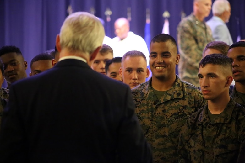 Secretary of the Navy, the Honorable Ray Mabus interacts with a crowd of Marines after a ceremony at Marine Corps Air Station Cherry Point, N.C., Nov. 9, 2016. During the visit, Mabus announced that the Arleigh Burke-class destroyer, DDG 121, will be named the USS Frank E. Petersen Jr., in honor of the Marine Corps lieutenant general who was the first African-American Marine Corps aviator and Marine Corps general officer. Mabus also awarded MCAS Cherry Point with a certificate of achievement for its Blue level of achievement in the Fiscal Year 2016 SecNav Energy and Water Management Awards, for a well-rounded energy or water program. (U.S. Marine Corps photo by Sgt. N.W. Huertas/ Released)
