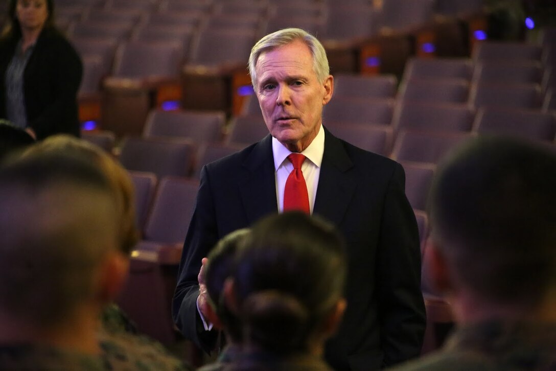 Secretary of the Navy, the Honorable Ray Mabus interacts with a crowd of Marines after a ceremony at Marine Corps Air Station Cherry Point, N.C., Nov. 9, 2016. During the visit, Mabus announced that the Arleigh Burke-class destroyer, DDG 121, will be named the USS Frank E. Petersen Jr., in honor of the Marine Corps lieutenant general who was the first African-American Marine Corps aviator and Marine Corps general officer. Mabus also awarded MCAS Cherry Point with a certificate of achievement for its Blue level of achievement in the Fiscal Year 2016 SecNav Energy and Water Management Awards, for a well-rounded energy or water program. (U.S. Marine Corps photo by Sgt. N.W. Huertas/ Released) 