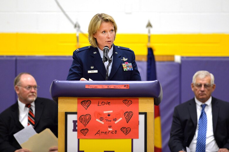 Col. DeAnna Burt, 50th Space Wing commander, delivers remarks during the Veterans Day ceremony at Ellicott, Colorado, Thursday, Nov. 10, 2016. The Ellicott School District holds the annual ceremony to honor community veterans, including those from Schriever Air Force Base. (U.S. Air Force photo/Dennis Rogers)