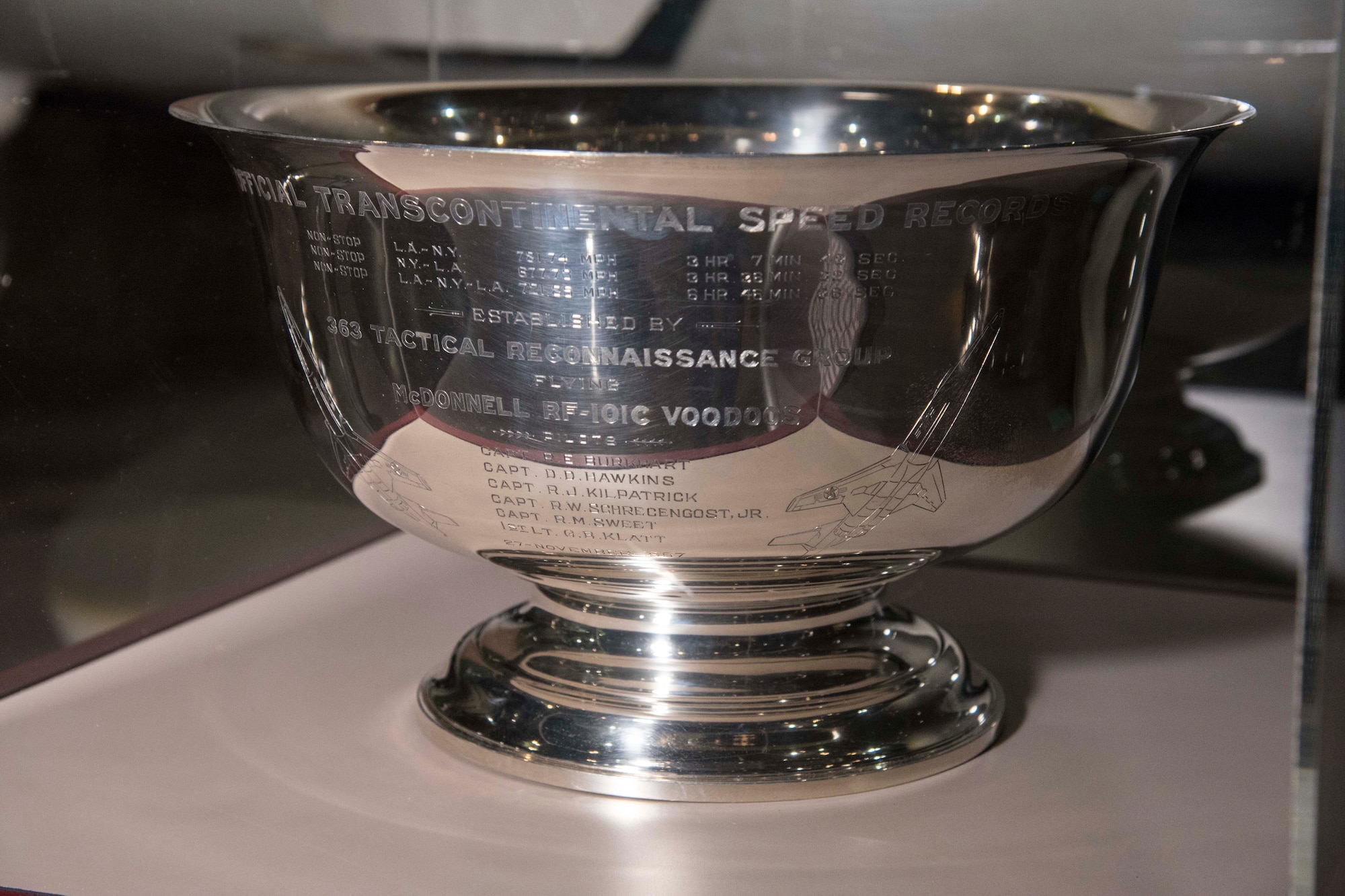 This trophy was presented by the McDonnell Aircraft Corp. to the 363rd Tactical Reconnaissance Wing in recognition of establishing three new transcontinental speed records flying RF-101C aircraft on Nov. 27, 1957. It was donated to the museum by the RF-101 Pilots' Reunion Group in 1998. (U.S. Air Force photo)