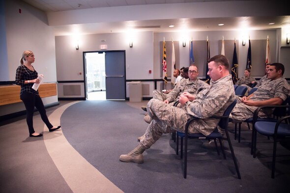 Staff Sgt. Kayla Kappel, 403rd Financial Management Office technician teaches 403rd Wing members about Green Dot during a training class at Keesler Air Force Base, Miss. Nov. 5. Green Dot is the U.S. Air Force's program to help raise awareness of and prevent sexual assault, domestic violence and stalking. (U.S. Air Force photo/Staff Sgt. Heather Heiney)