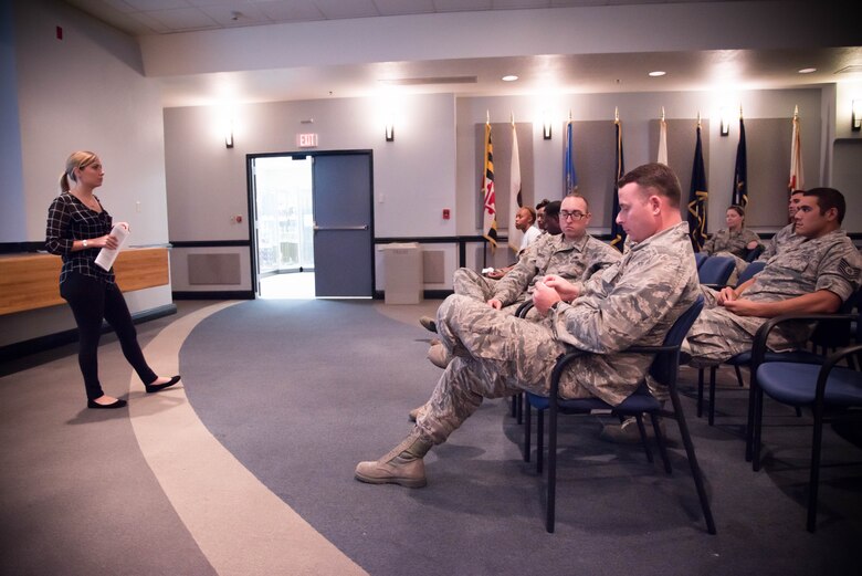 Staff Sgt. Kayla Kappel, 403rd Financial Management Office technician teaches 403rd Wing members about Green Dot during a training class at Keesler Air Force Base, Miss. Nov. 5. Green Dot is the U.S. Air Force's program to help raise awareness of and prevent sexual assault, domestic violence and stalking. (U.S. Air Force photo/Staff Sgt. Heather Heiney)