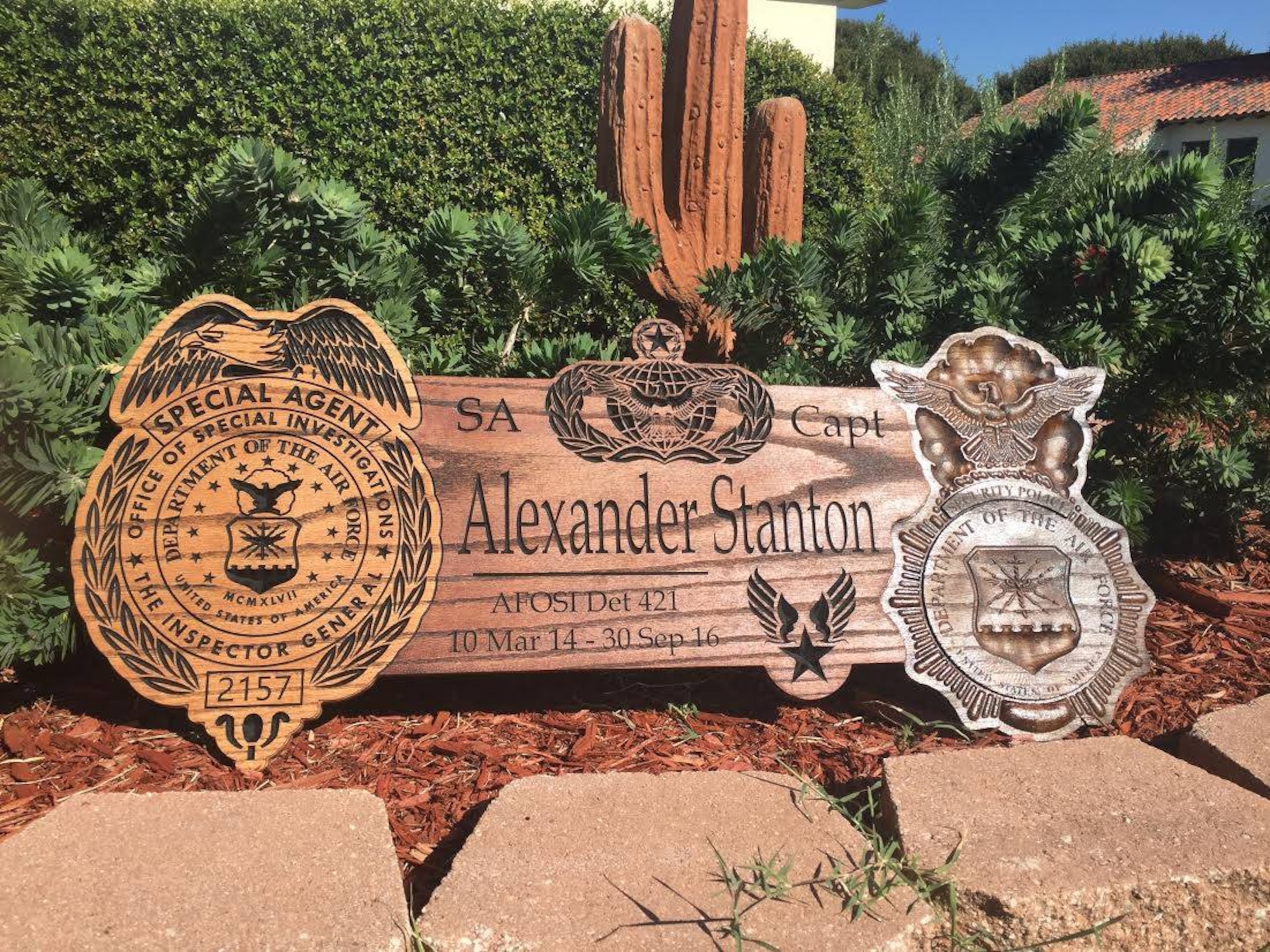 Special Agent (Capt.) Justin Soderlund crafted this woodcarving memorial to Special Agent (Capt.) Alexander Stanton of Det. 421, Luke Air Force Base, Ariz., who died in a motorcycle accident Sept. 30, 2016, near his home in Scottsdale, Ariz. (U.S. Air Force photo courtesy SA Justin Soderlund)