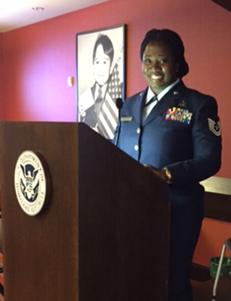To commemorate Veteran's Day, Air Force Reservist Tech. Sgt. Angela Borders, 920th Force Support Squadron, Patrick Air Force Base, Florida, led a U.S. Citizenship and Immigration Services Ceremony November 8, 2016, where she works as an Immigration Services Officer in Orlando when she's not serving the country. (Courtesy photo)
