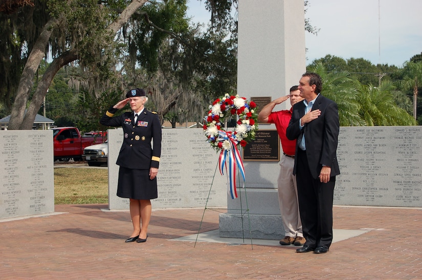 Maj. Gen. Mary Link, commander of Army Reserve Medical Command, joined State Senator Jack Latvala, Mayor Doug Bevis and members of the Oldsmar community to honor Veterans during a local ceremony held at Veterans Memorial Park in Oldsmar, Fla. on Nov. 11.