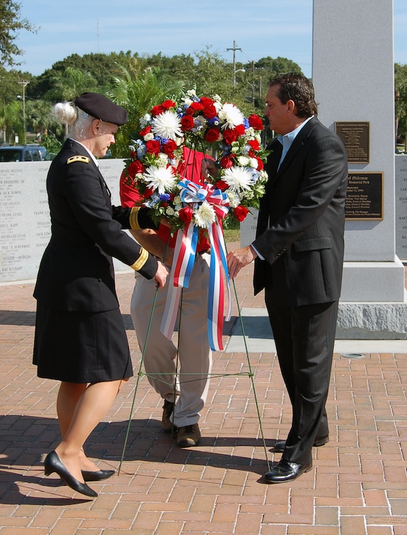 Maj. Gen. Mary Link, commander of Army Reserve Medical Command, joined Mayor Doug Bevis to place a wreath to honor Veterans during a local ceremony held at Veterans Memorial Park in Oldsmar, Fla. on Nov. 11.