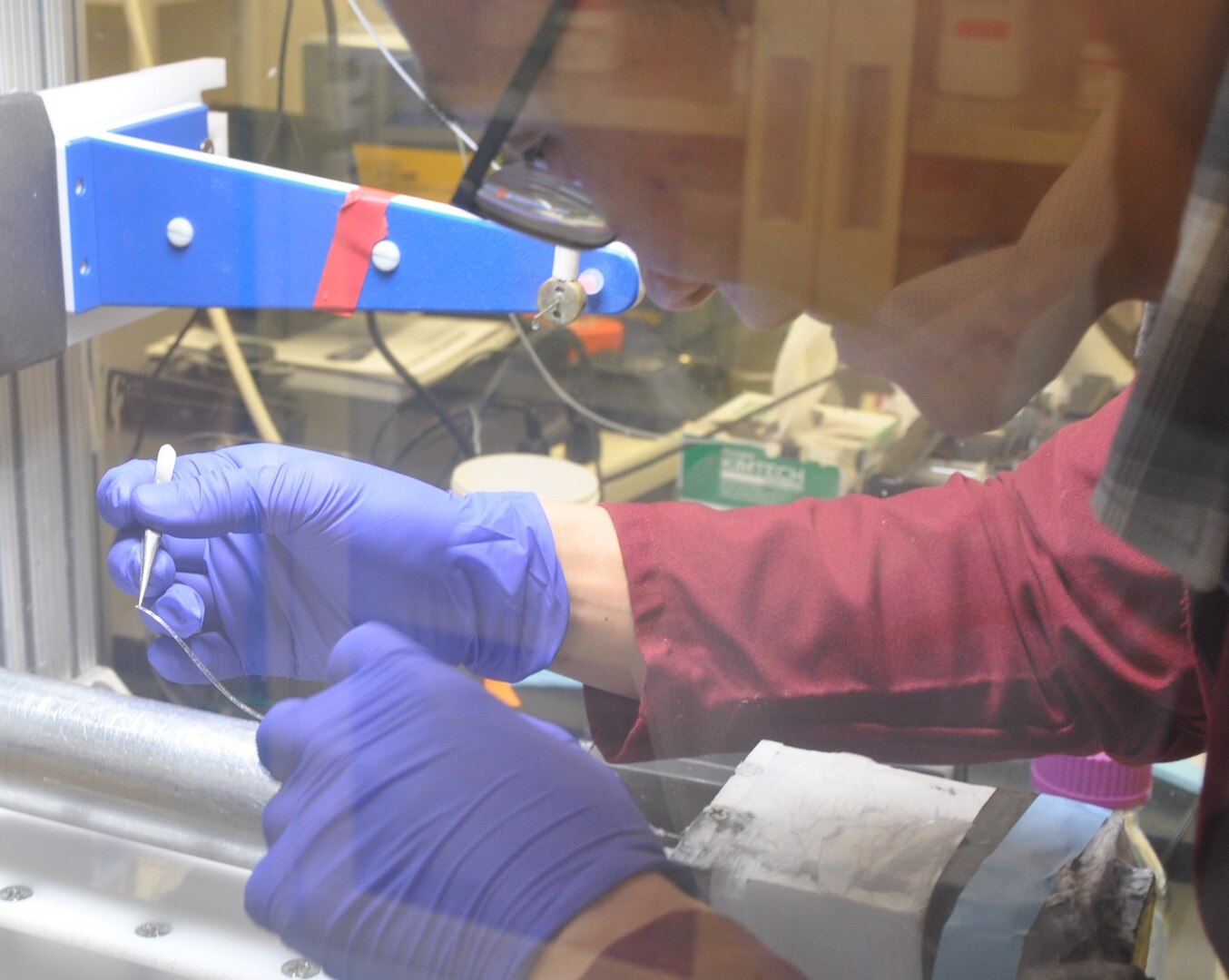 Researchers from the Naval Medical Research Unit San Antonio, or NAMRU-SA, published data in the Journal of Nanomaterials demonstrating that an electrospun chitosan/polyethylene oxide, or CS/PEO, scaffold, as pictured above, is a promising candidate for wound dressing applications due to antibacterial characteristics and biocompatibility.