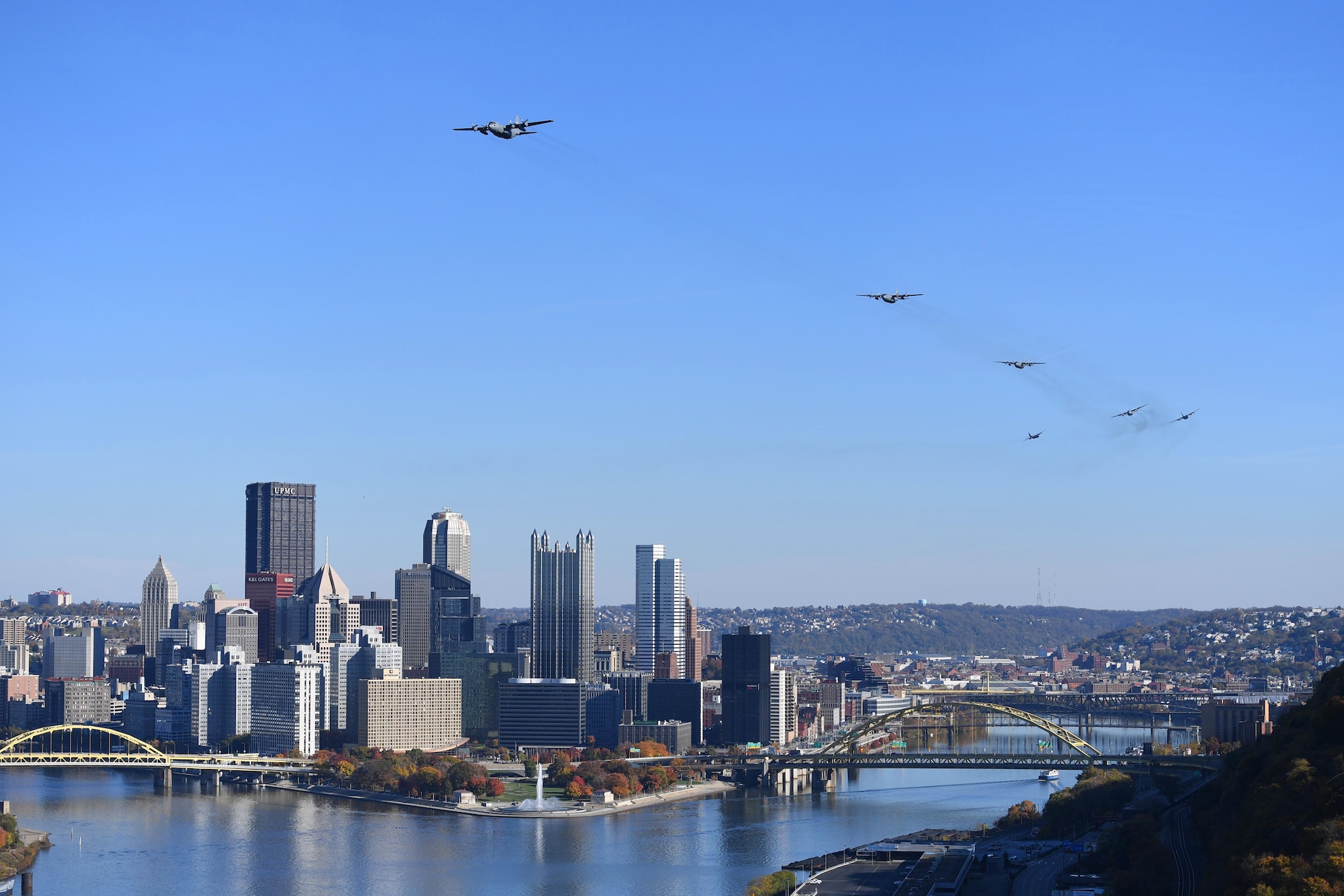 Six C-130 Hercules aircraft fly over the city of Pittsburgh, Pennsylvania, November 6, 2016. This flyover signaled the end of what could be the last C-130H generation exercise at the Pittsburgh International Airport Air Reserve Station before a potential C-17 mission change. (U.S. Air Force photo by Staff Sgt. Marjorie A. Bowlden)