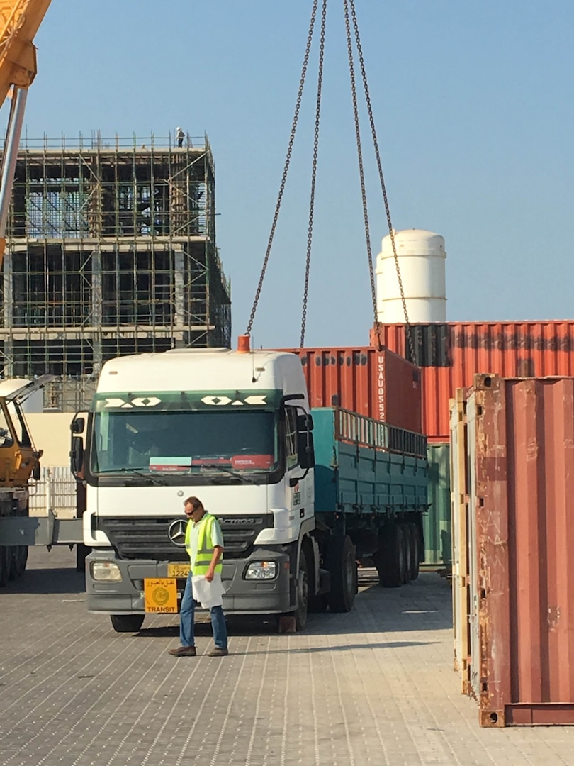 A truck is loaded with the first of two 20 foot containers for its inaugural trip on the emerging Trans-Arabian Network routes.