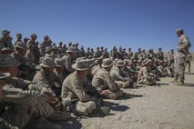 Maj. Gen. Daniel O’Donohue, the 1st Marine Division commanding general, speaks with the Marines of Company C, 1st Battalion, 7th Marine Regiment during an award ceremony to reconginze the winning squad of 1st Marine Division Super Squad Competition aboard Marine Corps Air-Ground Combat Center Twentynine Palms, Calif., Aug. 15, 2016. Company C has won the Super Squad Competition twice since 1st Marine Division brought the event back in 2015 following a 15 year hiatus. (U.S. Marine Corps photo by Cpl. Timothy Valero)