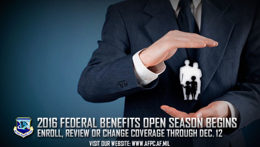 Open Season for federal health benefits programs runs Nov. 14 – Dec. 12, 2016. Now is the opportunity to enroll in, review or change your health care coverage. (U.S. Air Force graphic by Kat Bailey)