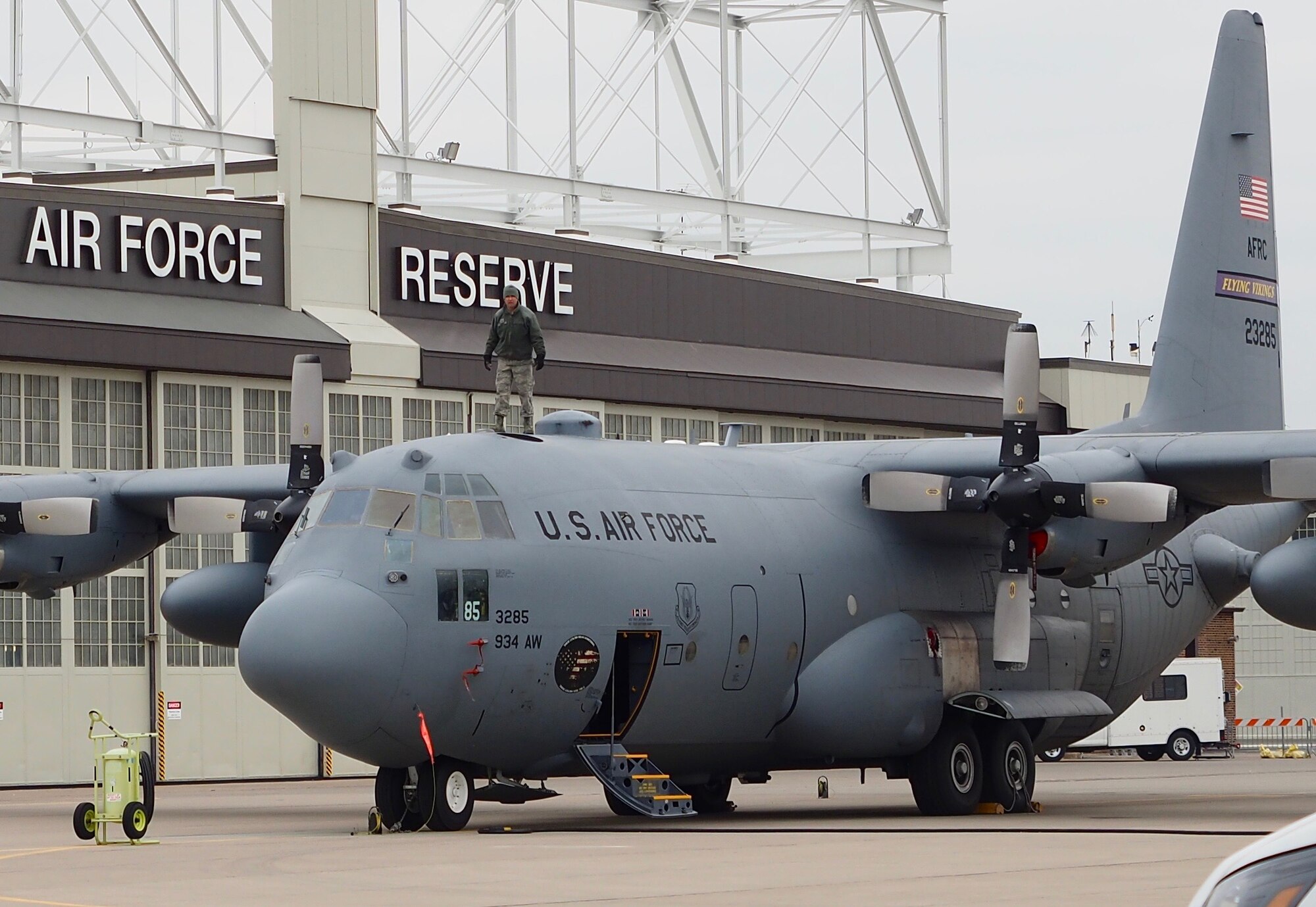 Master Sgt. Paul Oven, 934th Maintenance Squadron, performs a preflight check of a 934th Airlift Wing C-130 Nov. 14.       