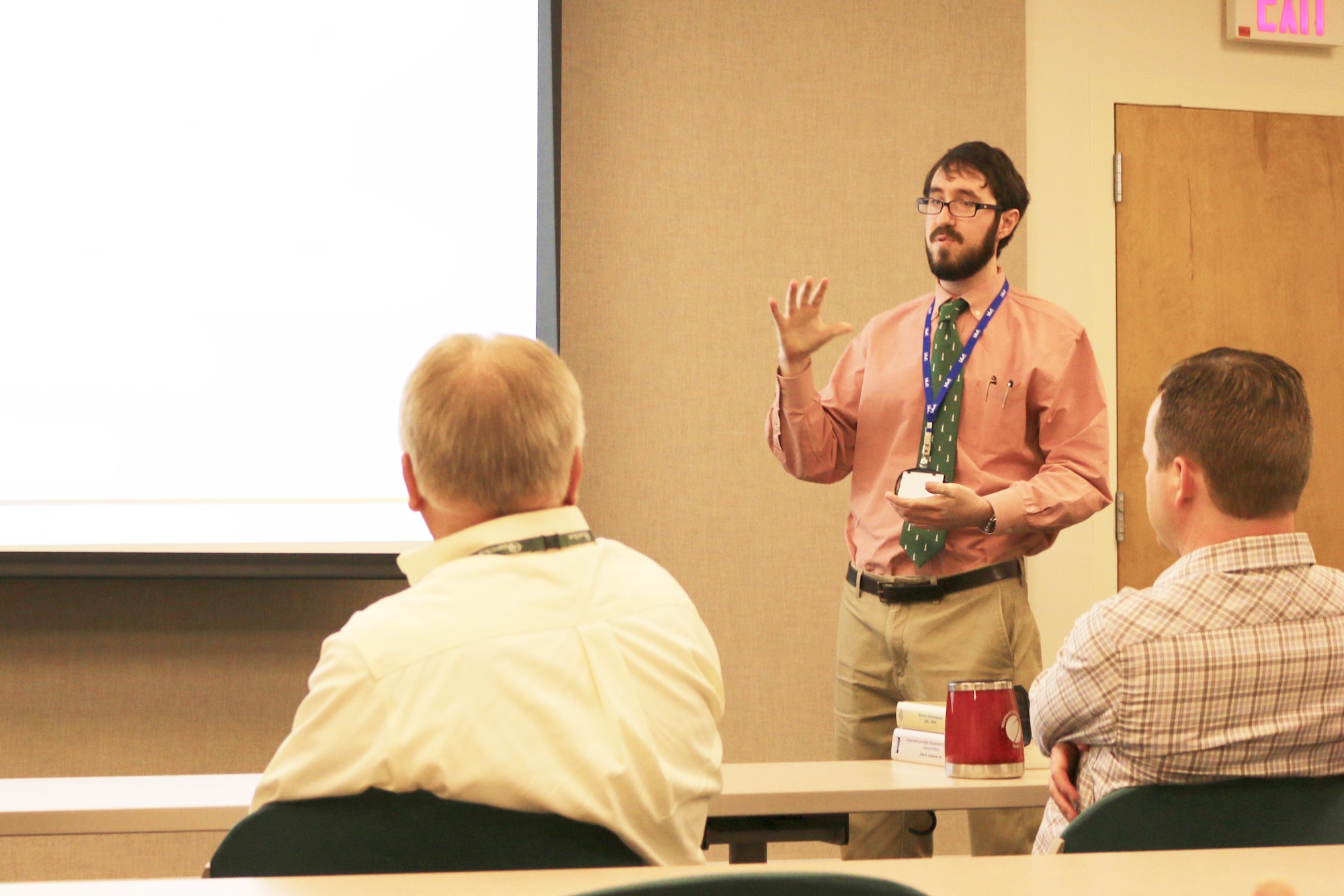 AEDC analyst Stephen Guimond presented information on the AEDC Propulsion Wind Tunnel 16-foot transonic wind tunnel C1 Compressor re-blading process using CREATE™-AV Kestrel tools at the Technical Excellence Seminar at AEDC on Oct. 20. (U.S. Air Force photo/Holly Peterson)