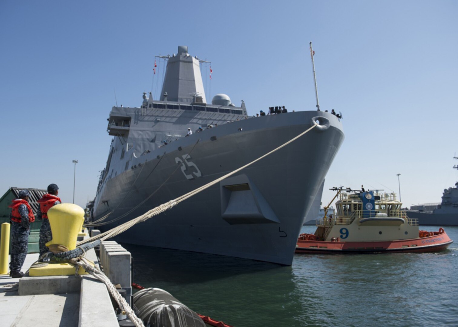 Line handlers assigned to Naval Station San Diego wait to release the mooring lines of the amphibious transport dock ship USS Somerset (LPD 25), as it prepares to depart for a scheduled deployment. Somerset is a part of the Makin Island Amphibious Ready Group, which will serve in the U.S. 3rd, 5th, and 7th Fleet area of operation, providing maritime security operations, crisis response capability, theater security cooperation and forward naval presence.