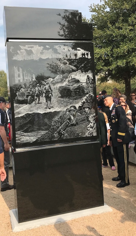 Brig. Gen. Viet X. Luong, U.S. Army Central chief of staff, observes the newly unveiled U.S. Army monument at the Florence Veteran’s Day ceremony Nov. 11, at the Florence, S.C., Veterans Park. The monument is the last of five monuments dedicated to the five branches of the U.S. armed forces. 