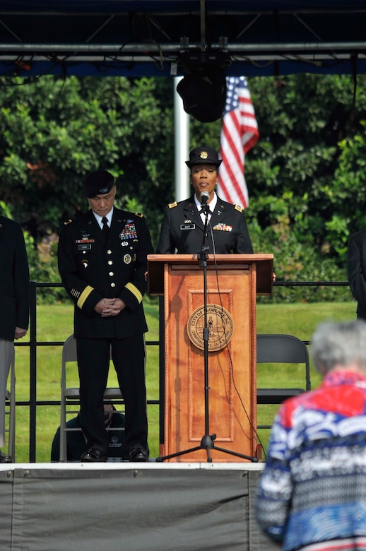 Capt. Kristal McKoy, chaplain for South Carolina Army National Guard’s 51st Military Police Battalion, gives the invocation during the Florence Veterans Day Ceremony Nov. 11, at the Florence Veterans Park in South Carolina.