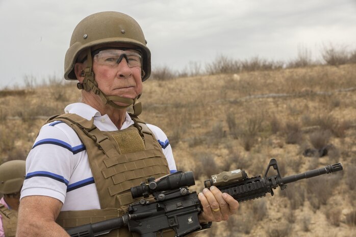 Retired Maj. Gen. James Myatt, now the president and CEO of the Marines’ Memorial Association, waits to receive the command to engage his target with an M4A1 carbine aboard Marine Corps Base Camp Pendleton, Calif., Sept. 19, 2016. Members of MMA were given the opportunity to experience the current training and equipment of the Marine Corps. (U.S. Marine Corps photo by Lance Cpl. Bradley J. Morrow)