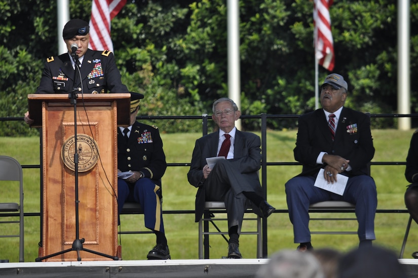 Brig. Gen. Viet X. Luong, USARCENT chief of staff, gives an emotional recollection of Soldiers who have gave the ultimate sacrifice Nov. 11, during the Florence Veterans Day Ceremony in Florence, S.C. 