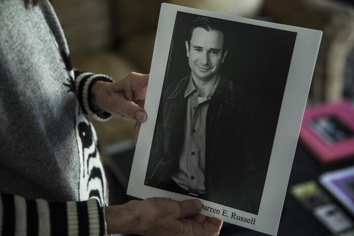 ORANGE COUNTY, Calif. – Maxine Russell shows a photograph of her son. What started as a gesture of support for troops turned into building a legacy for her deceased son. For nearly 30 years Maxine has sent more than 7,200 care packages, adopted military families for the holiday’s, and volunteers her time as a grief counselor to veterans struggling with post-traumatic stress, all in the name of her son Darren “White Rabbit” Russell. (U.S. Marine Corps image by Sgt. William Perkins)