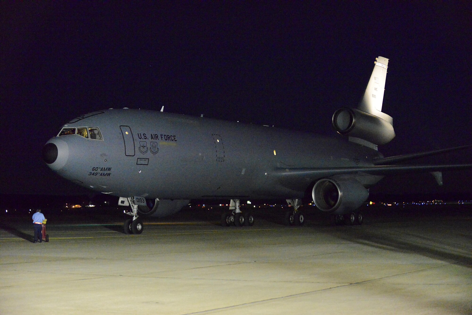 An KC-10 Extender, assigned to Travis Air Force Base, Calif., sits on the flight line after returning from Green Flag 17-2 at Nellis AFB, Nev. with F-16CM Fighting Falcon pilots and 20th Aircraft Maintenance Unit Airmen at Shaw AFB, S.C., Nov. 10. Green Flag is an exercise that provides air-to-ground operational training, flying F-16s out of Nellis AFB to support U.S. Army troops in Fort Irwin, Calif. (U.S. Air Force photo by Airman 1st Class BrieAnna Stillman)  