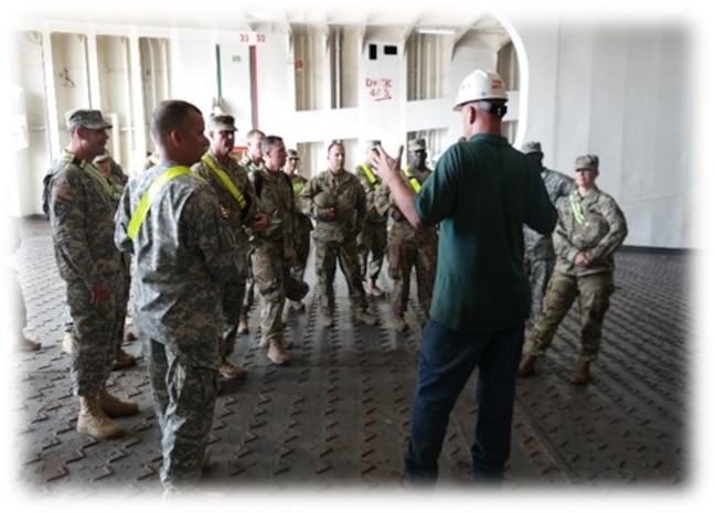 Members of the 525th Military Intelligence Brigade tour the Maritime Administration vessel, CAPE Decision, during a tactical exercise held Nov. 2, 2016 at Joint Base Charleston, S.C. Ninety company grade officers and NCO's traveled from Ft. Bragg, N.C. to participate in the exercise.
