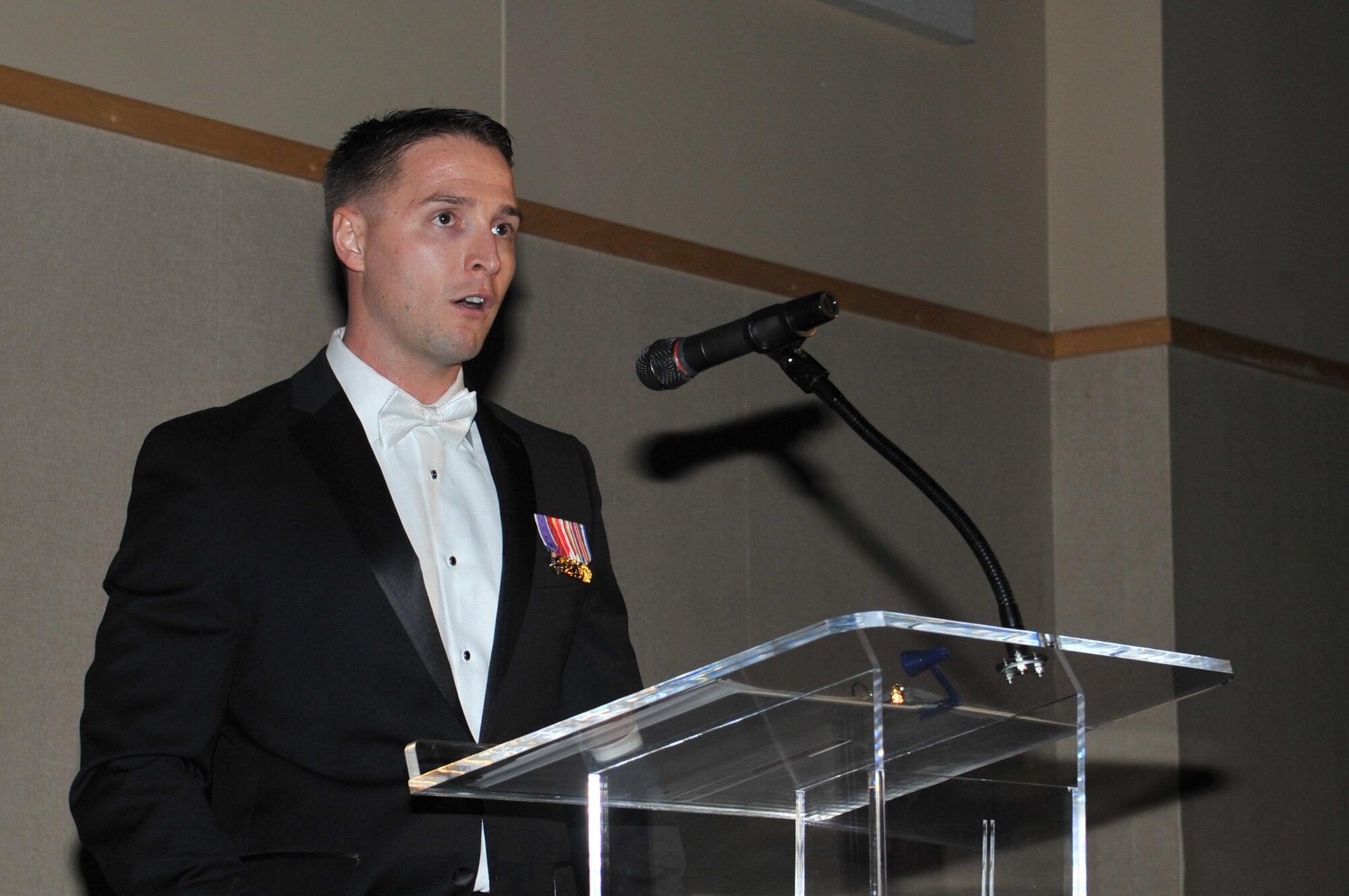 U.S. Marine Corps retired Cpl. Garrett Jones speaks during the Marine Corps ball at the McNease Convention Center, San Angelo, Texas, Nov. 12, 2016. Garrett was injured by a roadside bomb in Iraq that caused his left leg to be amputated above the knee.  (U.S. Air Force photo by Staff Sgt. Laura R. McFarlane/Released)