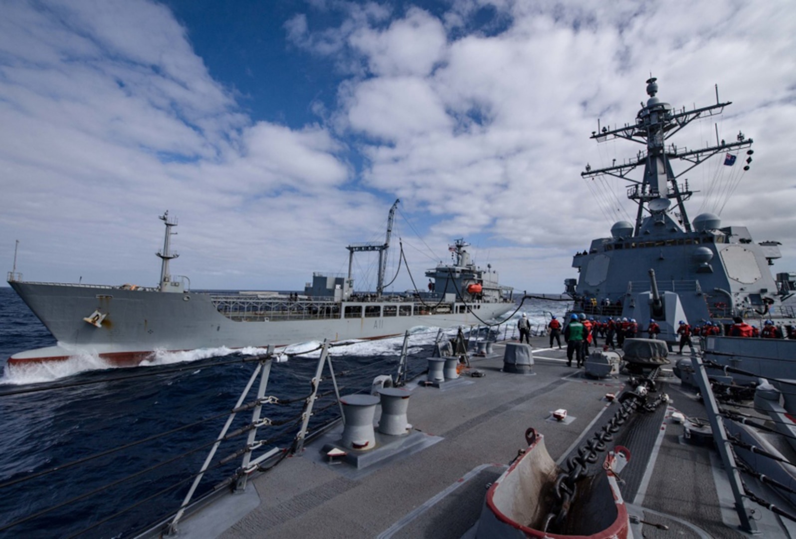 Arleigh Burke-class guided-missile destroyer USS Sampson (DDG 102), right, conducts a replenishment-at-sea with Her Majesty's New Zealand Ship Endeavour (A11), Nov. 13, 2016. Sampson will report to U.S. Third Fleet, Headquartered in San Diego, while deployed to the Western Pacific as part of the U.S. Pacific Fleet-led initiative to extend the command and control functions of Third Fleet into the region.