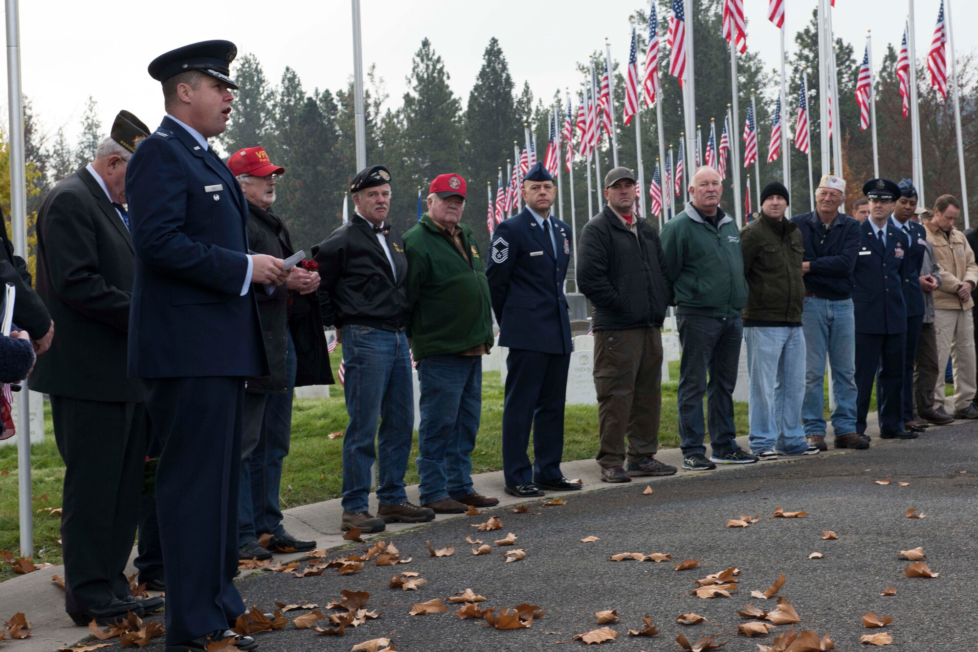 Col. Matthew Fritz, 92nd Air Refueling Wing vice commander, speaks during a Veterans Day event Nov. 11, 2016, at Fort George Wright Cemetery, Spokane. Team Fairchild Airmen, along with local community members, honored current and past veterans for their service and dedication to the United States. (U.S. Air Force photo/Senior Airman Nick J. Daniello)