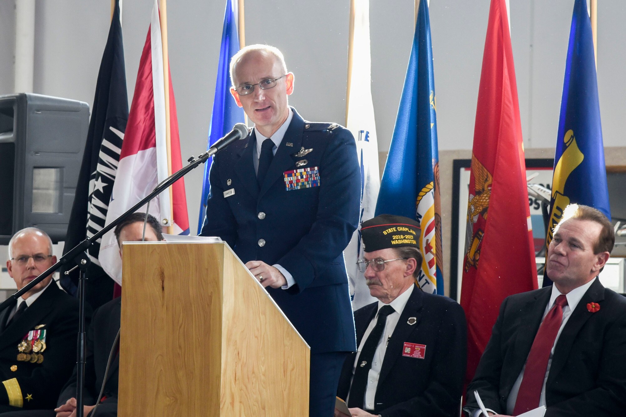 Col. Ryan Samuelson, 92nd Air Refueling Wing commander, speaks during a Veterans Day event Nov. 11, 2016 at Felts Field Honor Point Museum, Spokane. The event was to honor all veterans and included speeches from the Honorable David Condon, Mayor of Spokane, and the keynote speaker Rear Adm. Doug Asbjornsen, U.S. Naval Air Reserve. This was the first year the event was held at the new Honor Point Museum and had more than 600 people in attendance. (U.S. Air Force photo/Airman 1st Class Taylor Shelton)
