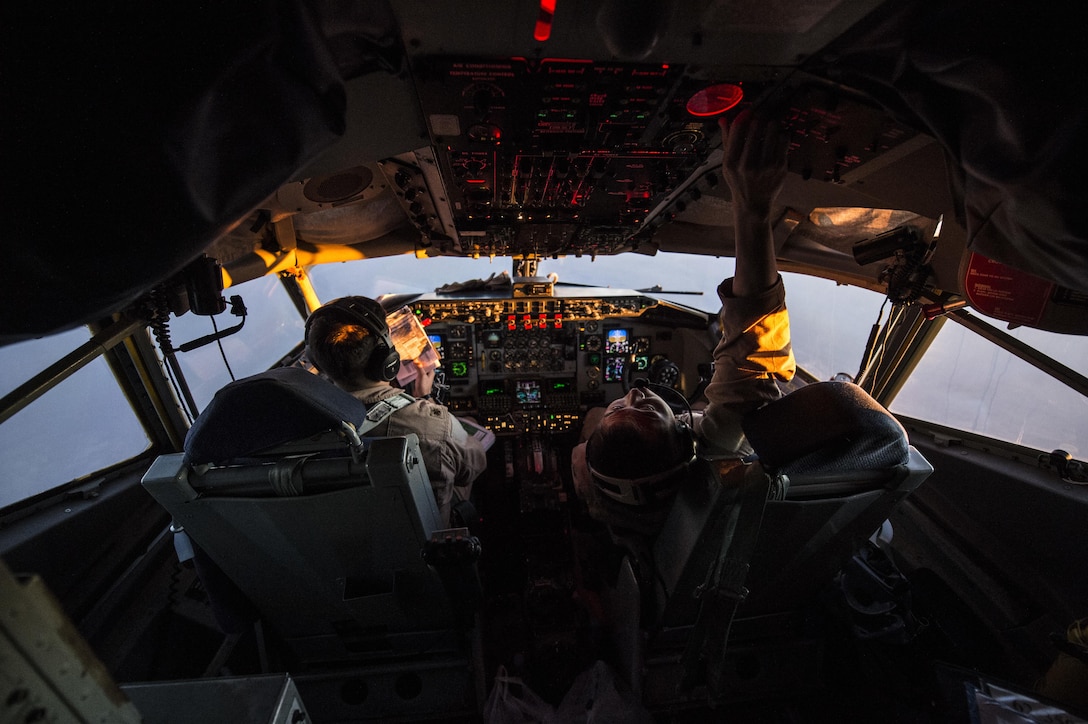 Air Force Maj. Steve Briones and 1st Lt. Andrew Kim fly a KC-135 Stratotanker over Turkey, Jan. 6, 2016. Coalition forces fly daily missions to support Operation Inherent Resolve. Air Force photo by Staff Sgt. Corey Hook 