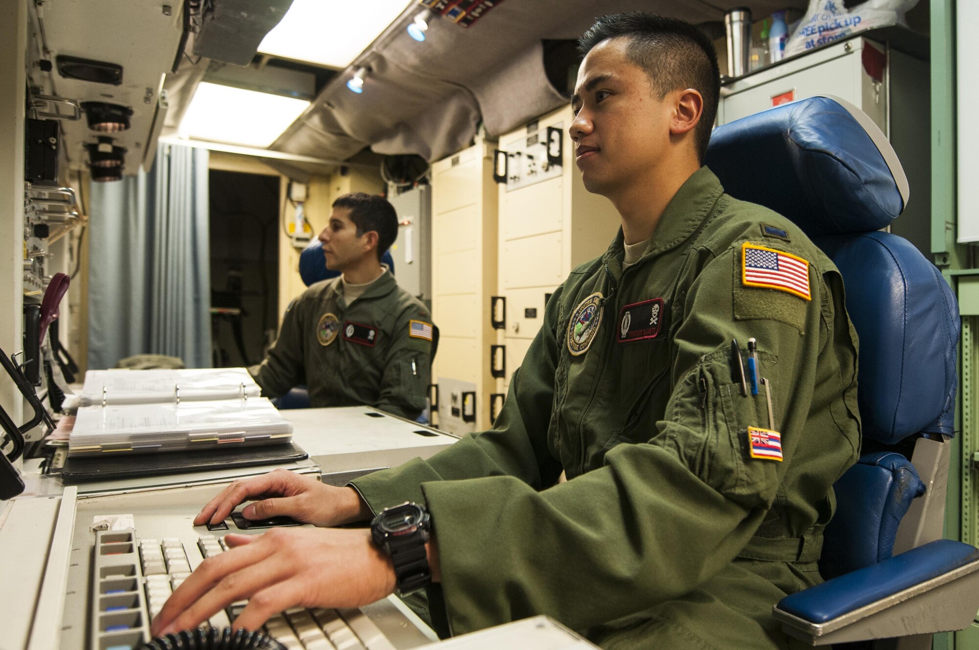 First Lt. Terrence Dale Duarte, 320th Missile Squadron missile combat crew commander and 2nd Lt. Nikolas Ramos, deputy missile combat crew commander, sit at the control console inside the launch control center at F.E. Warren Air Force Base, Wyo., Nov. 5, 2016. When directed by the U.S. President, a properly conducted key turn sends a "launch vote" to any number of Minuteman III ICBMs in a missileer's squadron, two different launch votes are required to enable a launch. (U.S. Air Force photo by Staff Sgt. Christopher Ruano)