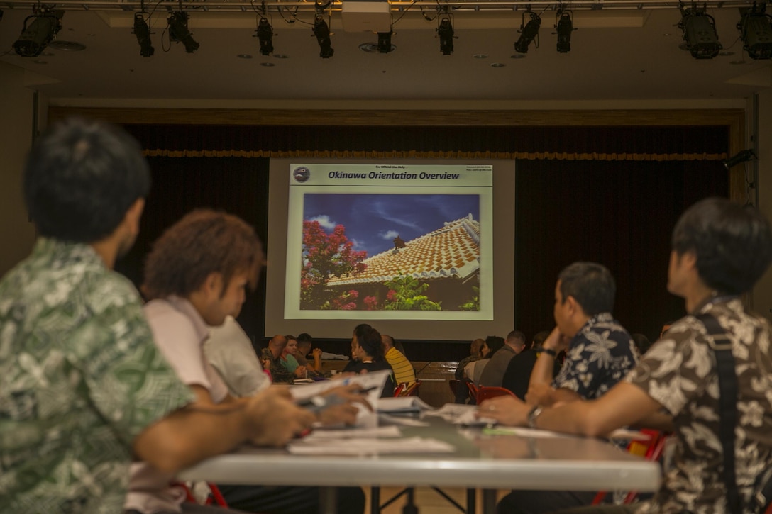 Representatives of the Guntenkyo observe an Okinawa Orientation Overview aboard Camp Foster, Okinawa, Japan. This marked the first time the Guntenkyo sat in on an official OOO brief. “We are at our best when we openly communicate, share ideas, and work with local leaders to prepare our Marines, sailors, airmen and soldiers to be ambassadors and respectful members of the communities we share in Okinawa,” said Nicholson. “We have worked hard to create an improved presentation that all the branches of the military can use to be more effective at building understanding within our shared communities.” Nicholson is the Okinawa Area Coordinator for U.S. Forces, Japan.