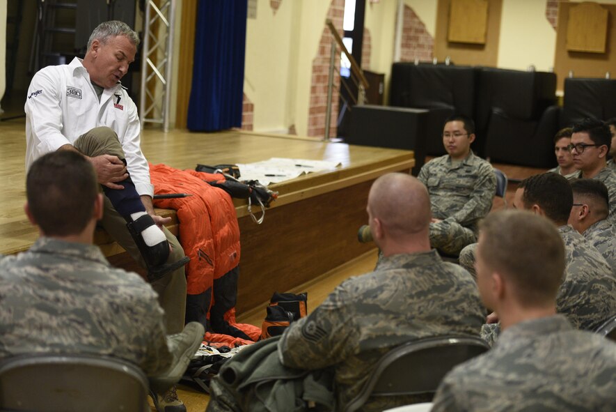 Tom Whittaker, a professional mountain climber, speaks to Airmen about personal resiliency at the Brick House on Spangdahlem Air Base, Germany, Nov. 10, 2016. Whittaker spoke about resiliency as the first person with a disability to climb Mount Everest. (U.S. Air Force photo by Staff Sgt. Jonathan Snyder)