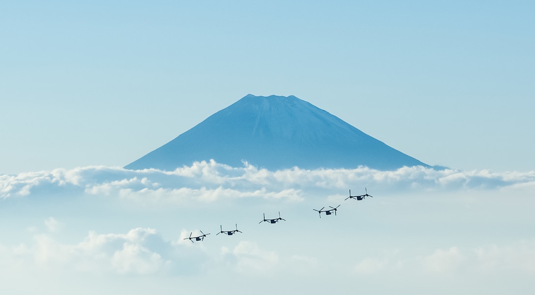 MV-22B Osprey tiltrotor aircraft return after a long-range raid from Combined Arms Training Center, Camp Fuji, Japan to Marine Corps Air Station Futenma, Okinawa as part of Blue Chromite 2017, Nov. 4, 2016. The Marines honed their ability to project forces from afar by executing a long-range raid over 1,000 miles via MV-22B Osprey to include an aerial refueling by KC-130J Super Hercules. 