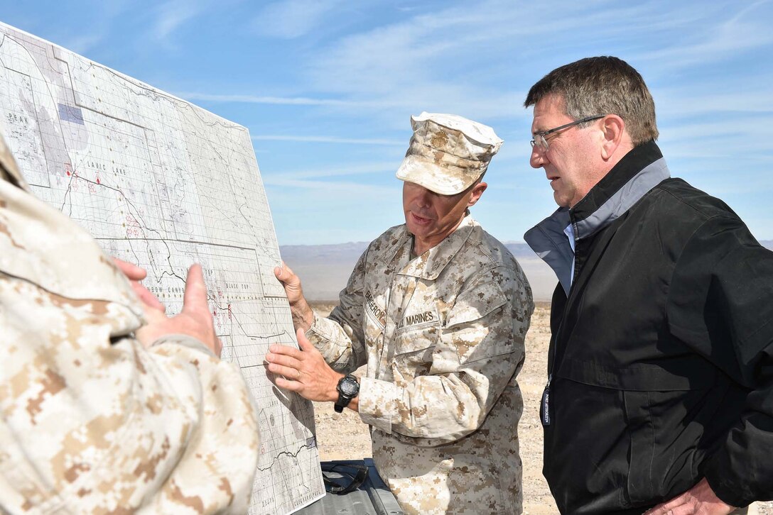 Defense Secretary Ash Carter is briefed before observing the 3rd Marine Battalion, 5th Marines Regiment in a training exercise at Marine Corps Air Ground Combat Center at Twentynine Palms, Calif., Nov. 15, 2016. DoD photo by Army Sgt. Amber I. Smith