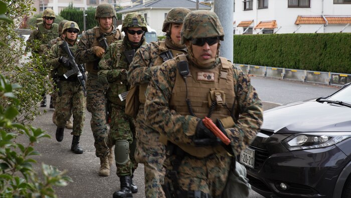 U.S. Marines and Japan Ground Self-Defense Force members executed exercise Active Shield at Marine Corps Air Station Iwakuni, Japan, Nov. 10, 2016. Active Shield is an annual exercise designed to test the abilities of U.S. and Japanese forces to work alongside each other to protect and defend Marine Corps Air Station Iwakuni and other U.S. assets in the region. 