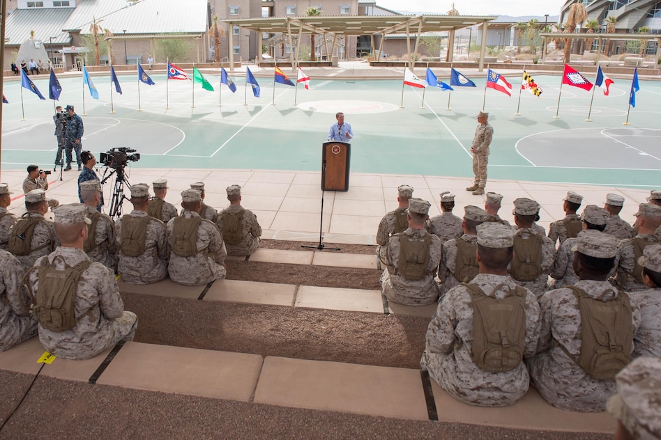Defense Secretary Ash Carter addresses Marines during a troop talk at Marine Corps Air Ground Combat Center at Twentynine Palms.