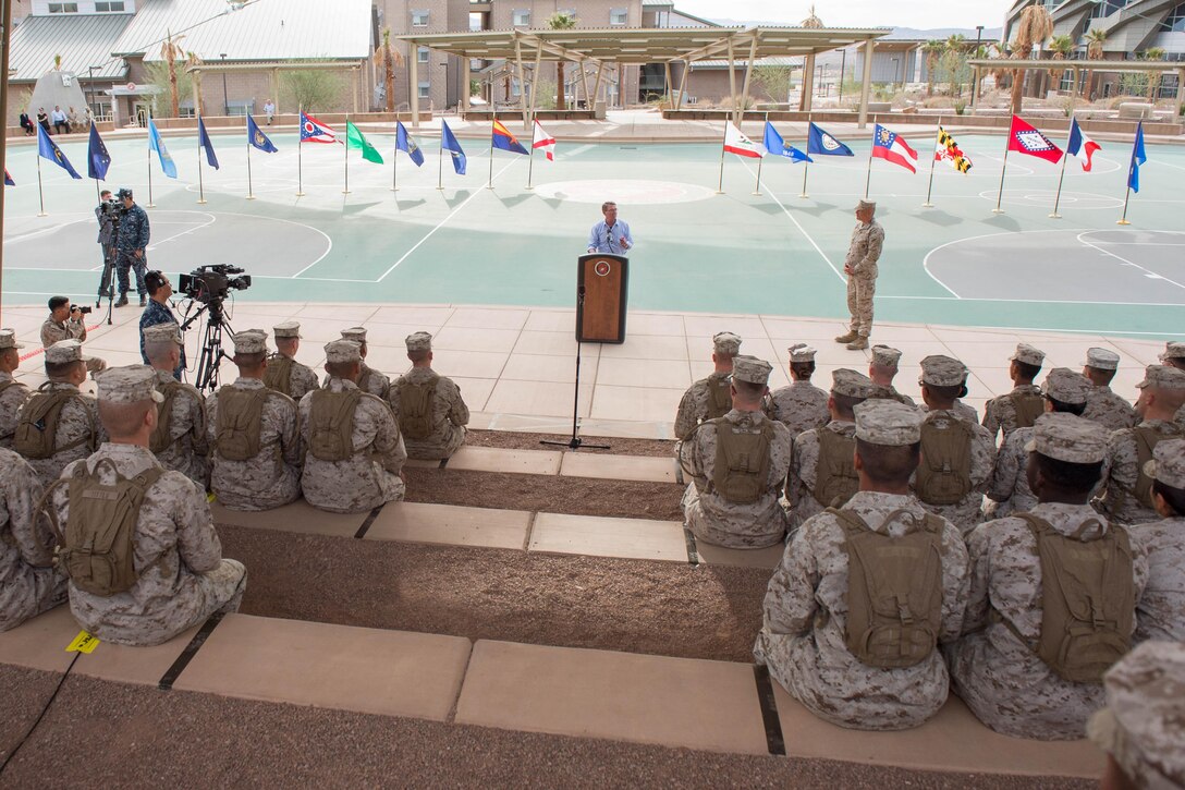 Defense Secretary Ash Carter addresses Marines during a troop talk at Marine Corps Air Ground Combat Center at Twentynine Palms, Calif., Nov. 15, 2016. DoD photo by Army Sgt. Amber I. Smith