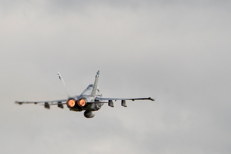 A U.S. Marine Corps F/A-18D Hornet takes off from Sam Ratulangi International Airport, Indonesia during exercise Cope West 17, Nov. 8, 2016. The combined training offered by this exercise helps prepare the U.S. Marine Corps and Indonesia Air Force to work together in promoting a peaceful Indo-Asia-Pacific region while practicing close air support and air-to-air training that will enhance their ability to respond to contingencies throughout the region. 