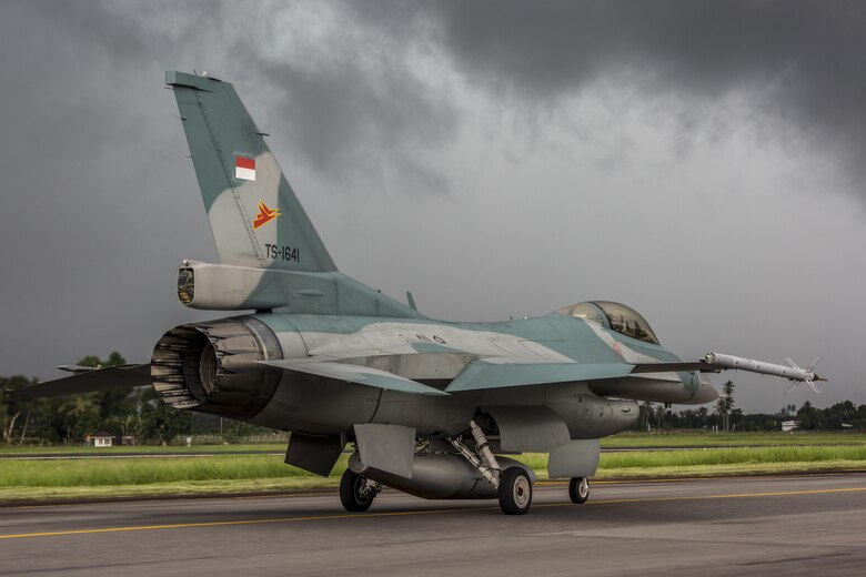 An Indonesian Air Force F-16 Fighting Falcon taxis down the flight line during exercise Cope West 17 at Sam Ratulangi International Airport, Indonesia, Nov. 10, 2016. The combined training offered by this exercise helps prepare the U.S. Marine Corps and Indonesia Air Force to work together in promoting a peaceful Indo-Asia-Pacific region while practicing close air support and air-to-air training that will enhance their ability to respond to contingencies throughout the region.