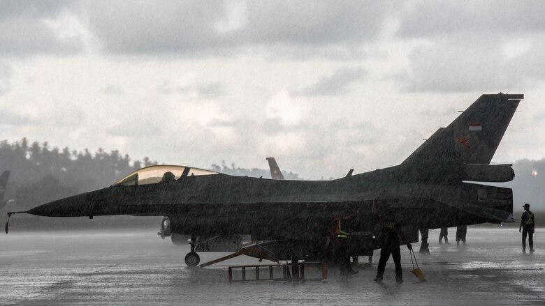 An Indonesian Air Force F-16 Fighting Falcon sits on the flight line during exercise Cope West 17 at Sam Ratulangi International Airport, Indonesia, Nov. 10, 2016. First conducted in 1989, Cope West is a Pacific Air Force lead exercise, normally focusing on airlift, air-land and air drop delivery operation techniques. Cope West 17 is the first-fighter focused exercise in Indonesia in 19 years involving the U.S. Military and the Indonesian Air Force. 