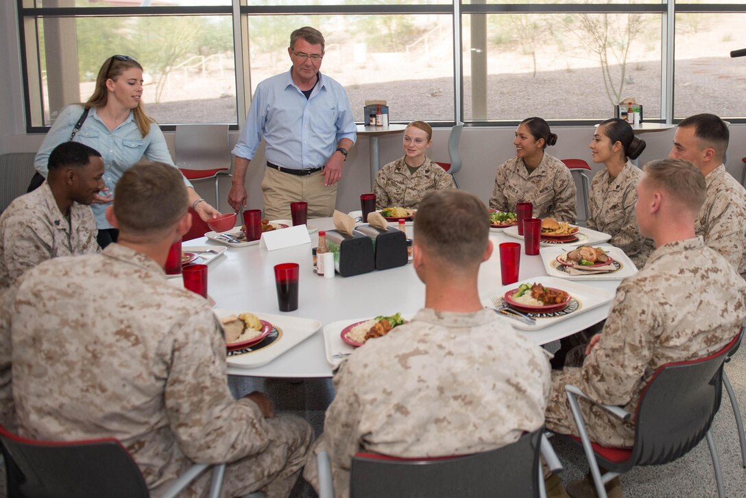 Defense Secretary Ash Carter has lunch with Marines at Marine Corps Air Ground Combat Center Twentynine Palms, Calif., Nov. 15, 2016. DoD photo by Army Sgt. Amber I. Smith