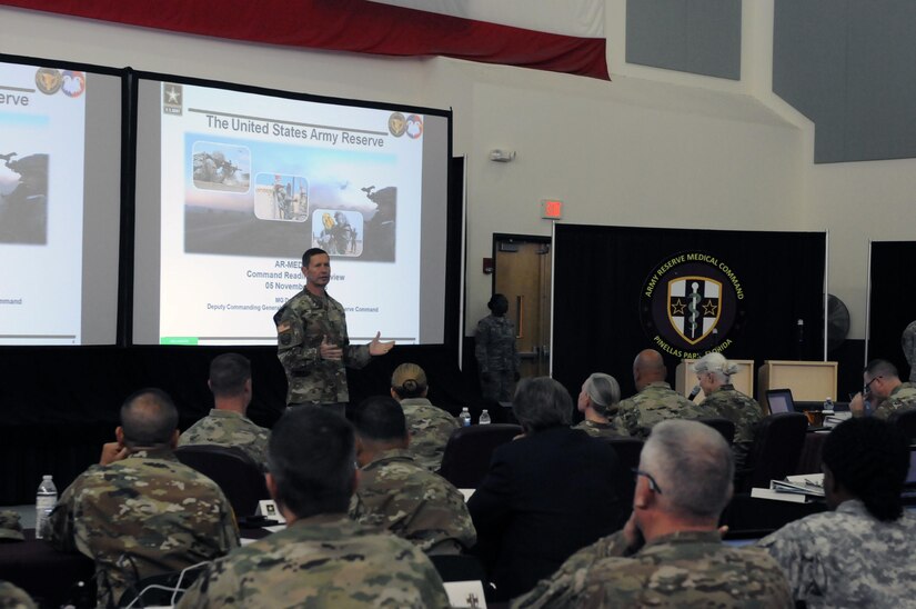 Maj. Gen. David J. Conboy, Deputy Commanding General for Operations, provided opening remarks for the Command Readiness Review (CR2) held at the C.W. “Bill” Young Armed Forces Reserve Center on 5 Nov.  The review was conducted to assess how Army Reserve Medical Command’s readiness posture aligns with the U.S. Army Reserve’s global requirements.