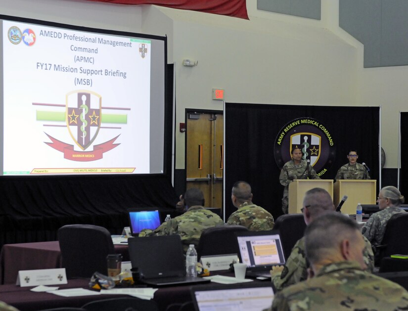 On 2-3 Nov., ARMEDCOM subordinate command commanders provided their Mission Support Brief to ARMEDCOM Deputy Commander, Brig. Gen. Lisa Doumont, in preparation for the Command Readiness Review (CR2) held at the C.W. “Bill” Young Armed Forces Reserve Center in Pinellas Park, Fla.  Here, Army Medical Department Professional Management Control (APMC) Commander, Col. Regina Powell, and her staff brief their objectives for 2017.
