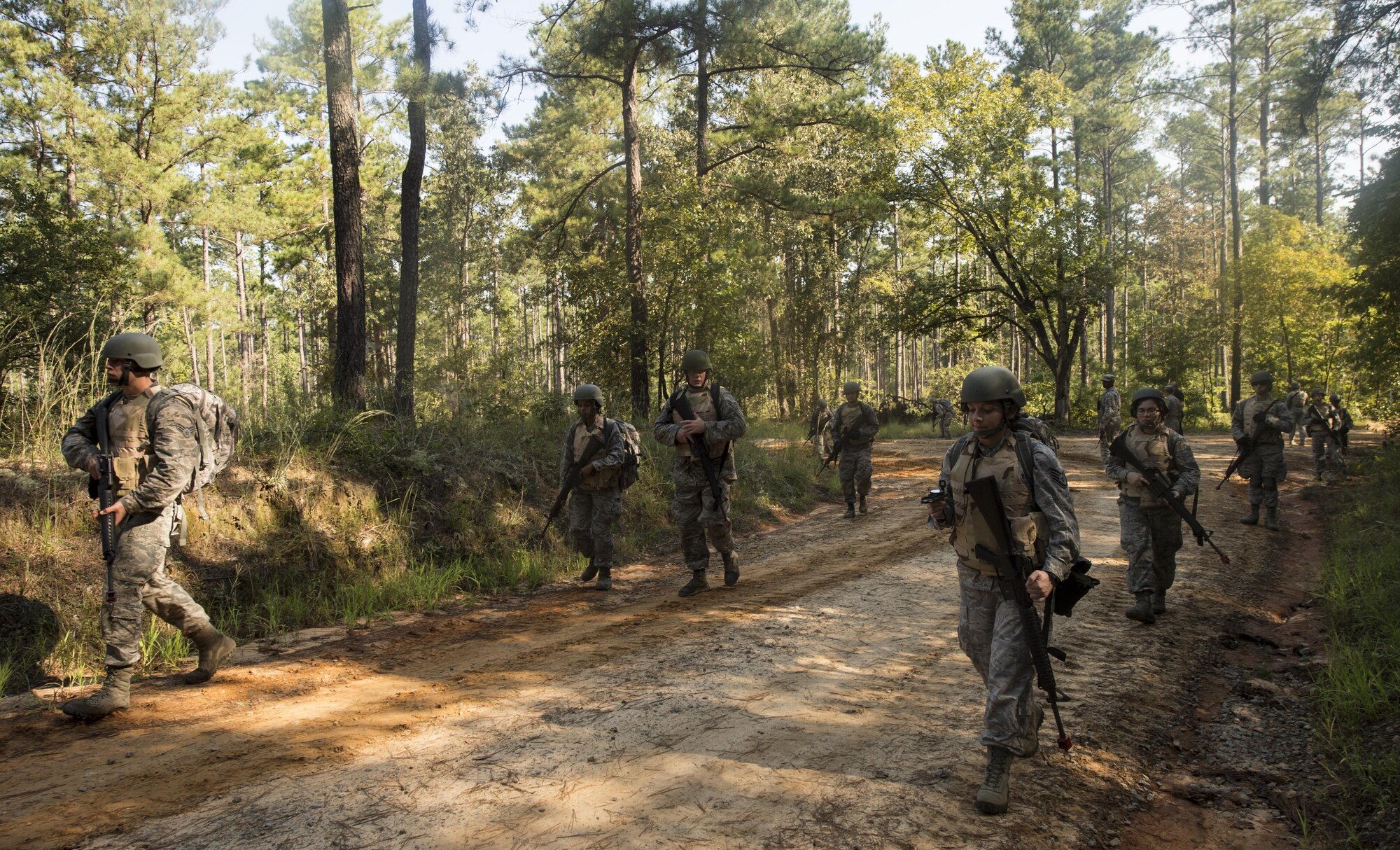 Joint Base Charleston Airmen execute a foot patrol during the first JB Charleston Combat Skills Training course here, Sept. 28, 2016. The four day course was instructed by S.C. Army National Guard members who trained participants on basic tactical combat skills such as weapons training, combat life saver skills, counter improvised explosive device tactics, communications and land navigation.