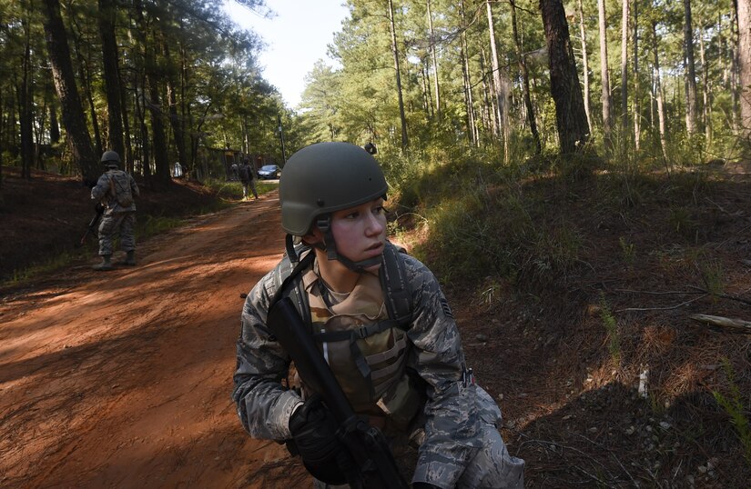 U.S. Staff Sgt. Michele Lazurka, 628th Medical Support Squadron member, provides security during the first Joint Base Charleston Combat Skills Training course here, Sept. 28, 2016. This course was created to help future deployers  receive  “hands-on” CST with basic tactical combat skills such as: weapons training, combat life saver skills, counter improvised explosive device tactics, communications and land navigation. 