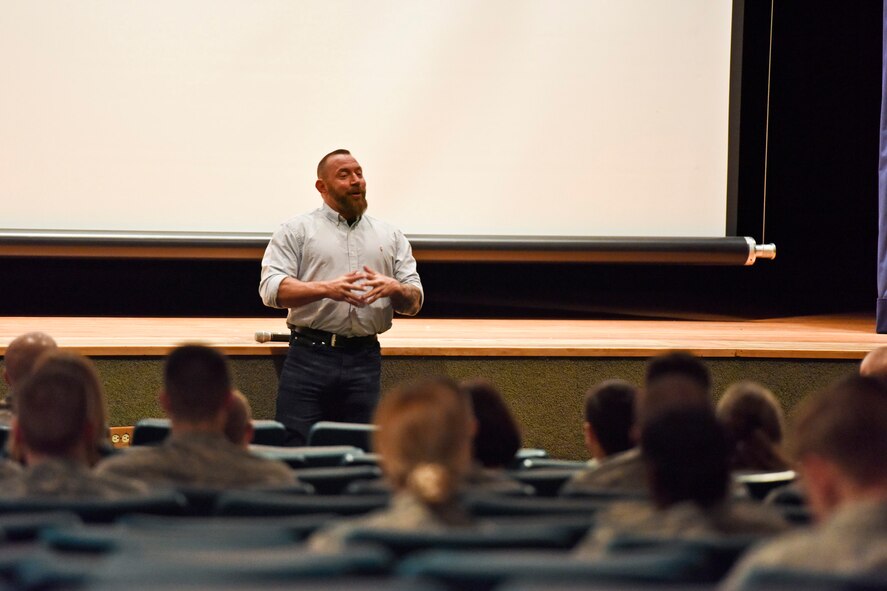 Michael, a retired U.S. Army master sergeant, speaks with Airmen at Malmstrom Air Force Base, Mont., November 15, 2016. For nearly 21 years, Michael served this country and said his body is riddled with scars, some can be seen and others, which are invisible wounds, have evolved after years of combat stress. (U.S. Air Force photo/Master Sgt. Chad Thompson)
