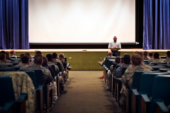 Michael, a retired U.S. Army master sergeant, speaks with Airmen at Malmstrom Air Force Base, Mont., November 15, 2016. For nearly 21 years, Michael served this country and said his body is riddled with scars, some can be seen and others, which are invisible wounds, have evolved after years of combat stress. (U.S. Air Force photo/Master Sgt. Chad Thompson)

