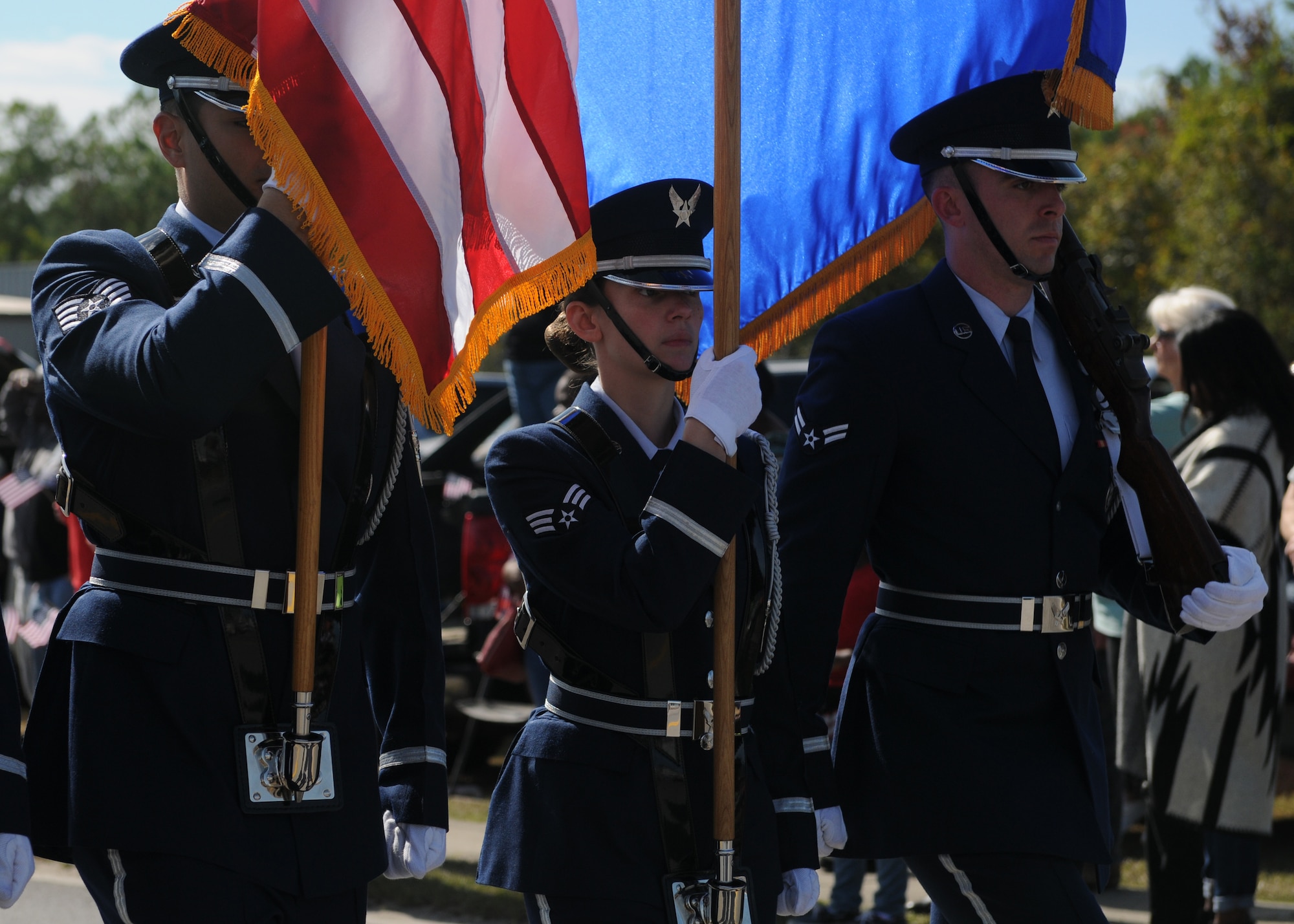 Keesler Honor Guard Airmen march in the 16th Annual Gulf Coast Veterans Day Parade Nov. 12, 2016, in D’Iberville, Miss. More than 5,000 Mississippi and Louisiana citizens watched the parade honoring Gulf Coast veterans. Keesler Honor Guard members, base leadership and more than 215 81st Training Group Airmen with the 50 State Flag Team and Drum and Bugle Corps also came out to celebrate the holiday. (U.S. Air Force photo by Senior Airman Holly Mansfield)