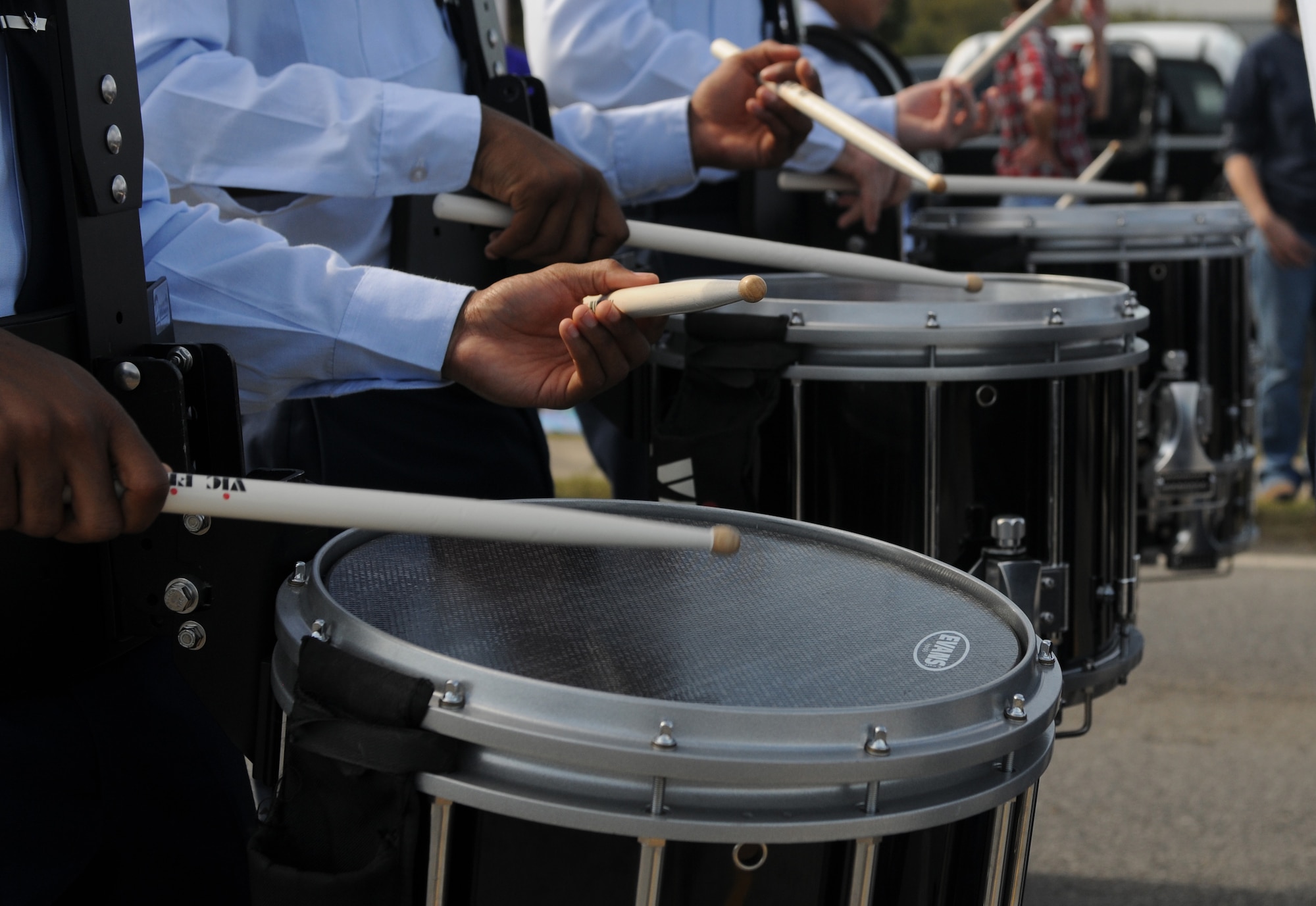 Keesler Drum and Bugle Corps members march in the 16th Annual Gulf Coast Veterans Day Parade Nov. 12, 2016, in D’Iberville, Miss. More than 5,000 Mississippi and Louisiana citizens watched the parade honoring Gulf Coast veterans. Keesler Honor Guard members, base leadership and more than 215 81st Training Group Airmen with the 50 State Flag Team and Drum and Bugle Corps also came out to celebrate the holiday. (U.S. Air Force photo by Senior Airman Holly Mansfield)